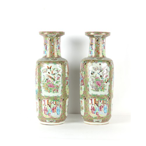 273 - Property of a lady - a large pair of 19th century Chinese Canton famille rose rouleau vases, one wit... 