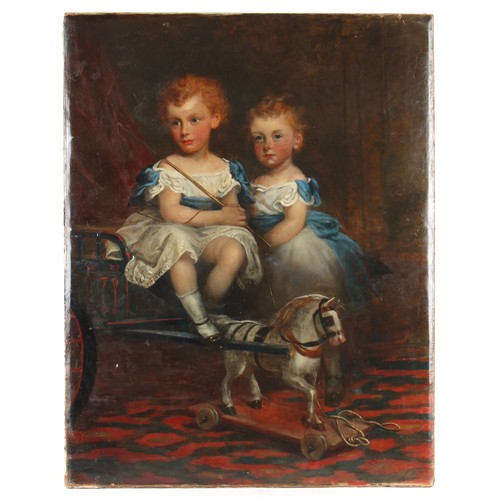 228 - Property of a lady - Richard Buckner (1812-1883) - TWO GIRLS PLAYING WITH A HOBBY HORSE - oil on can... 