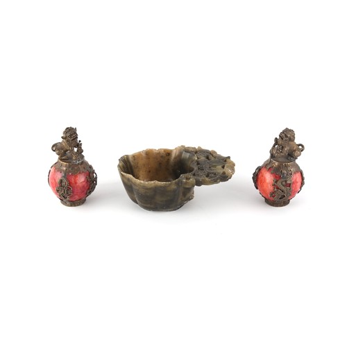 266 - Property of a gentleman - a pair of Chinese silver mounted red stone balls, possibly scroll weights,... 