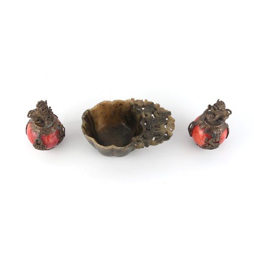 266 - Property of a gentleman - a pair of Chinese silver mounted red stone balls, possibly scroll weights,... 