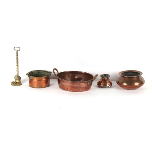 302 - Property of a deceased estate - five assorted copper and brass items including a copper preserve pan... 