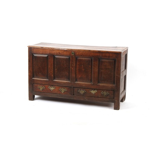 410 - Property of a deceased estate - an 18th century oak marriage chest or mule chest, 54.5ins. (138.5cms... 