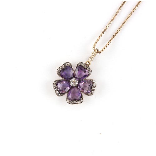 49 - A late 19th century amethyst & diamond flowerhead pendant on a modern 18ct yellow gold chain necklac... 