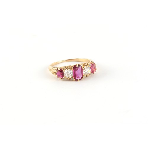 86 - Property of a gentleman - an early 20th century unmarked yellow gold ruby & diamond five stone ring,... 