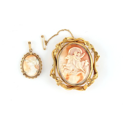 19 - Property of a gentleman - a Victorian gilt metal carved shell cameo brooch, with safety chain, 61mm ... 