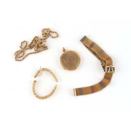 55 - Property of a gentleman - an unmarked three colour gold (tests 9ct) lapel fob watch chain; together ... 