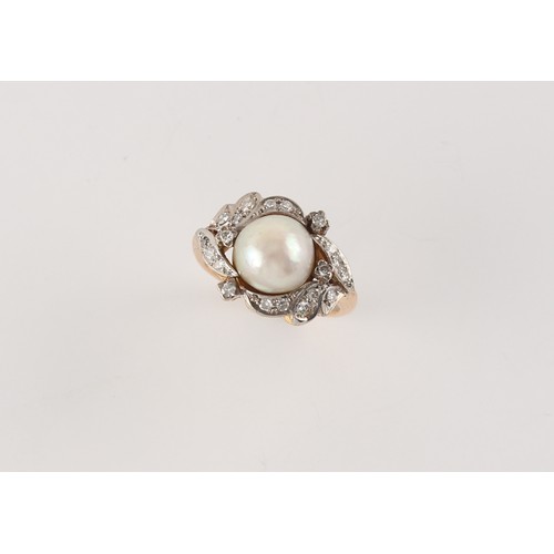 90 - An unmarked yellow gold diamond & pearl ring, the single untested pearl measuring approximately 9.5m... 