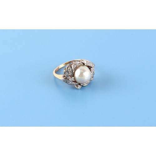 90 - An unmarked yellow gold diamond & pearl ring, the single untested pearl measuring approximately 9.5m... 