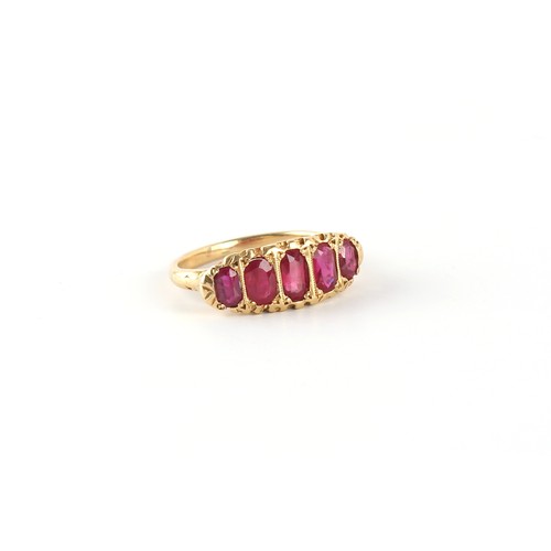 42 - A late Victorian unmarked 18ct yellow gold (tested) ruby five stone ring, the five graduated oval cu... 