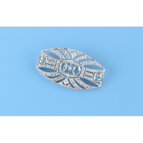 92 - An Art Deco aquamarine & diamond brooch, the four oval cut aquamarines weighing a total of approxima... 