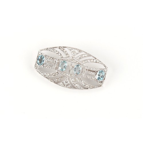 92 - An Art Deco aquamarine & diamond brooch, the four oval cut aquamarines weighing a total of approxima... 