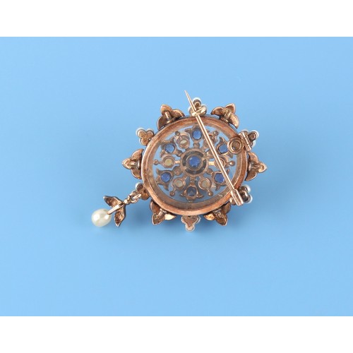 58 - A Victorian sapphire & pearl oval brooch with loop for wearing as a pendant, 43mm long (overall).