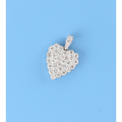 36 - An unmarked white gold diamond heart shaped pendant, the pave set round brilliant cut diamonds weigh... 