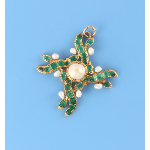 67 - A late Georgian emerald & pearl ribbon cross pendant, the centre pearl approximately 8mm diameter, 4... 