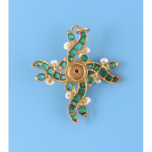 67 - A late Georgian emerald & pearl ribbon cross pendant, the centre pearl approximately 8mm diameter, 4... 