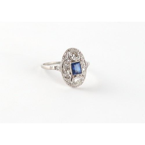 98 - An early 20th century Belle Epoque platinum sapphire & diamond pierced oval panel ring, the panel 15... 