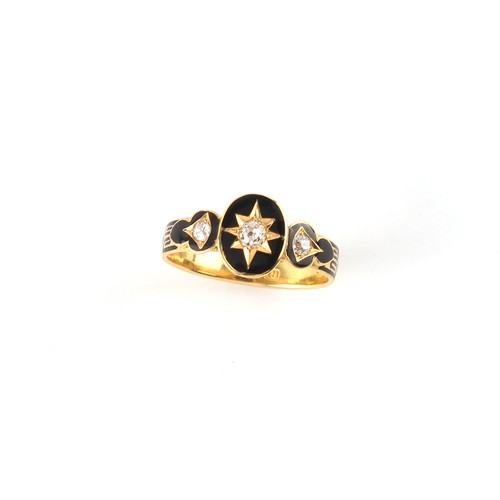 46 - A 19th century 18ct gold black enamel & diamond mourning ring, with glazed panel to back, size O.