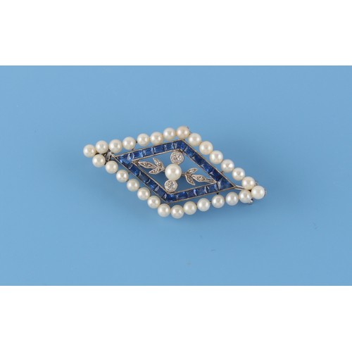 84 - An early 20th century Belle Epoque sapphire diamond & pearl diamond shaped brooch, import mark to pi... 