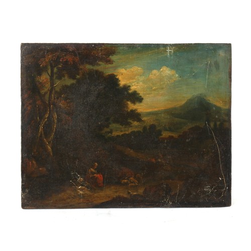 218 - Property of a lady - 18th century, probably Dutch school - ITALIANATE LANDSCAPE WITH A SHEPHERD, SHE... 