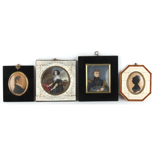 128 - Property of a lady - a group of nine portrait miniatures and silhouettes, including a portrait minia... 