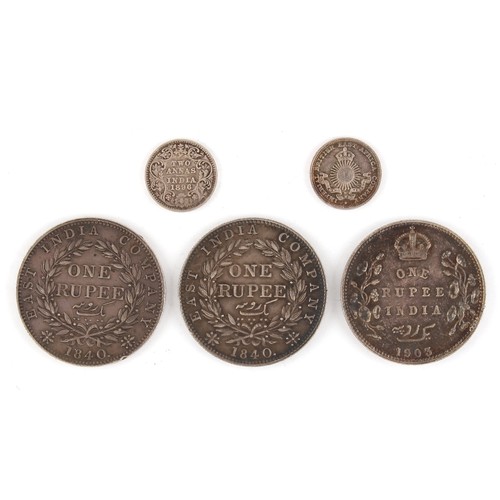 113 - Property of a deceased estate - five assorted silver coins including two 1840 East India Company One... 