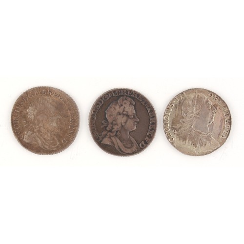 122 - Property of a gentleman - coins - three silver shillings, comprising 1720 George I shilling, plain, ... 