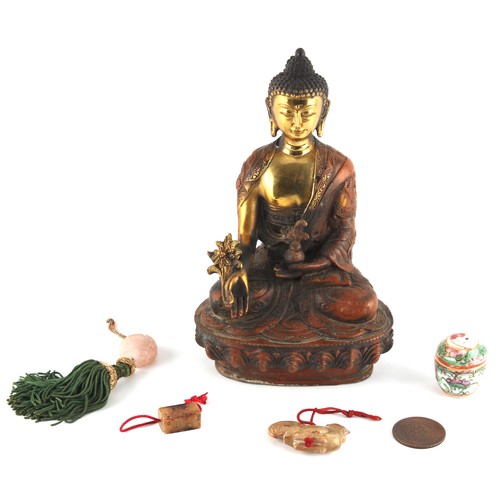 137 - Property of a deceased estate - a modern Chinese cast & patinated metal model of Buddha seated on a ... 