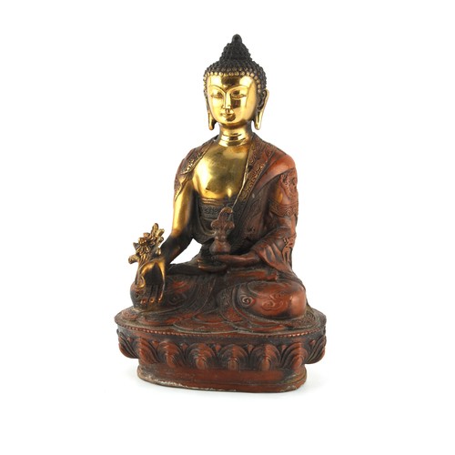 137 - Property of a deceased estate - a modern Chinese cast & patinated metal model of Buddha seated on a ... 