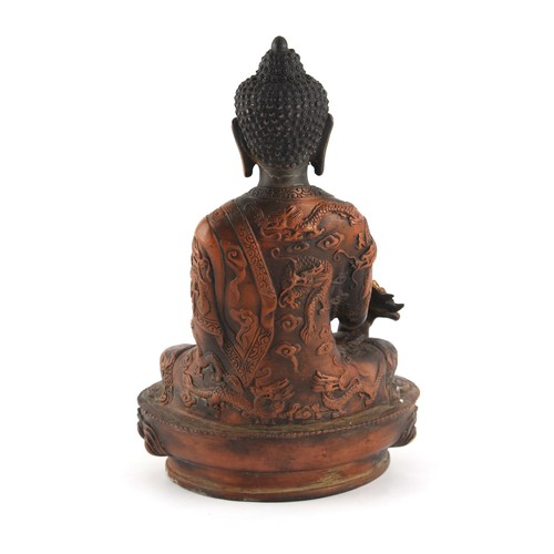 137 - Property of a deceased estate - a modern Chinese cast & patinated metal model of Buddha seated on a ... 