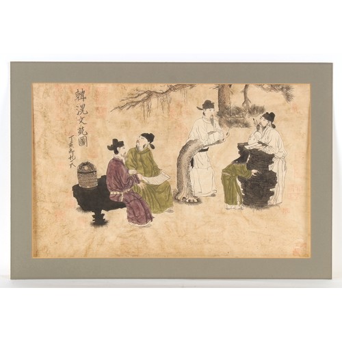 136 - Property of a gentleman - a Chinese painting on paper depicting five figures in a landscape, modern,... 