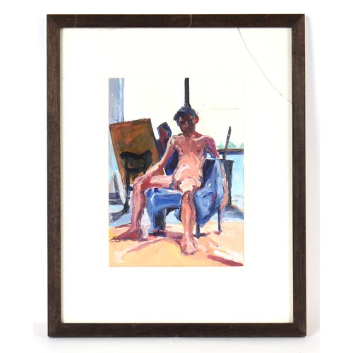 98 - Property of a lady - J. Rolston (?) (modern) - MALE NUDE IN STUDIO - oil, 11.2 by 8ins. (28.4 by 20.... 