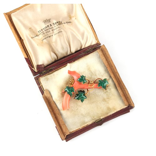 116 - A Victorian unmarked gold coral & green enamel vine brooch, 66mm long, in tatty brown leather Tessie... 