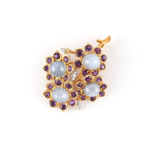 55 - Cartier - a fine star sapphire amethyst and diamond foliate brooch, signed, the four certificated un... 