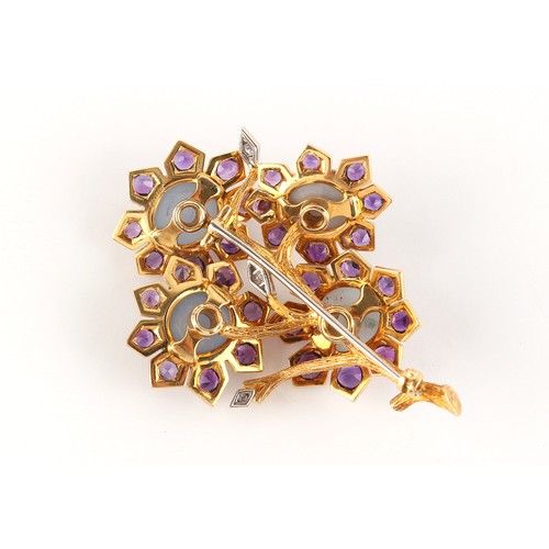 55 - Cartier - a fine star sapphire amethyst and diamond foliate brooch, signed, the four certificated un... 