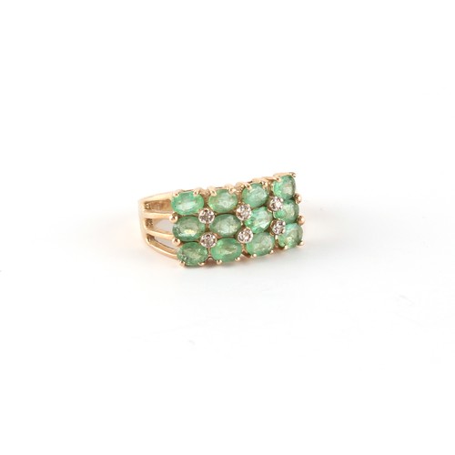 75 - Property of a gentleman - a 10ct yellow gold emerald & diamond three row ring, approximately 3.7 gra... 