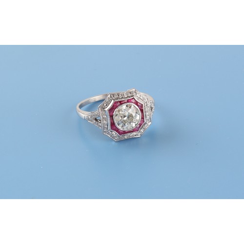 144 - Property of a deceased estate - an Art Deco style 18ct white gold diamond & ruby ring, the centre tr... 