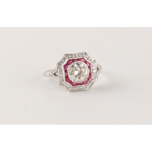 144 - Property of a deceased estate - an Art Deco style 18ct white gold diamond & ruby ring, the centre tr... 