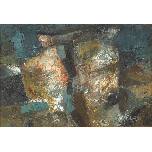 288 - Property of a lady - Fred Sinkinson (1922-2009) - ABSTRACT - oil on board, 8.5 by 12ins. (21.5 by 30... 