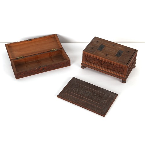 57 - Property of a lady - a mid 19th century Indian carved sandalwood box with interior tray with lidded ... 