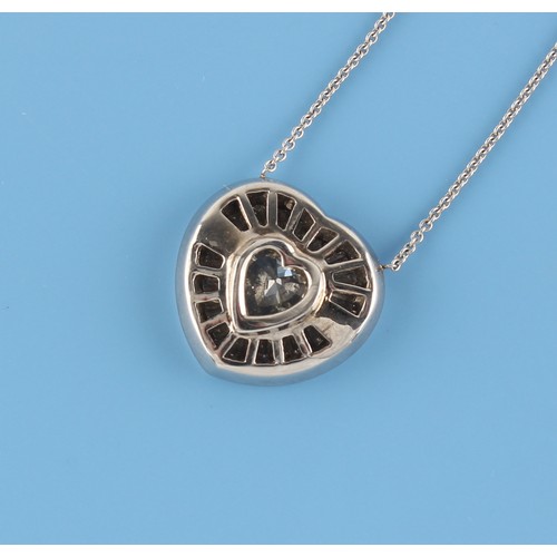 107 - A modern white gold diamond heart shaped pendant on chain necklace, the pendant with centre heart sh... 