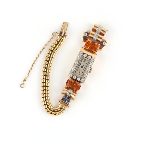 40 - A lady's Art Deco style yellow gold diamond sapphire & citrine cocktail watch, the old cut diamonds ... 