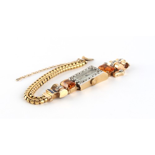 40 - A lady's Art Deco style yellow gold diamond sapphire & citrine cocktail watch, the old cut diamonds ... 