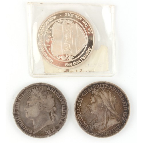 186 - Property of a gentleman - coins - an 1821 George IV silver crown, worn; together with an 1893 Queen ... 