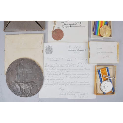 13 - WW1 1917 Lancashire Fusiliers medal pair & death plaque grouping to 242368 Pte F.Higginbottom La... 