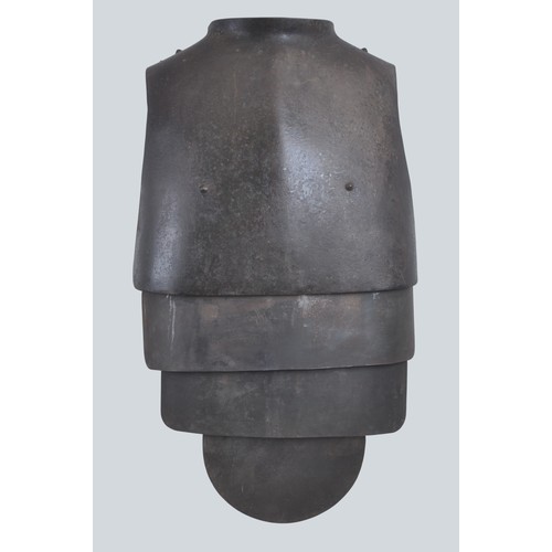 WW1 German 'Sappenpanzer' Trench Armour. Scarce example of the second model trench armour this a slight improvement on the 1916 first model with widened armpits & medial ridge at chest centre to allow better range of movement when firing weapons etc. Armour still bears a good proportion of its chemically blackened finish with the lightly scaled finish of the metal showing only light surface age in places. The slotted strap brackets to the chest plate are intact with its original webbing straps being held in place to the lower plates by the use of heavy staple stitches. The felt pads , intended to reduce noise, are attached by the same webbing straps with double rows of stitching.