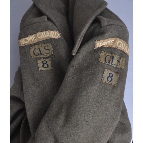 44 - WW2 British Gloucester Home Guard Greatcoat & FS Cap 1940. Named Greatcoat has Stroud flashes (G... 