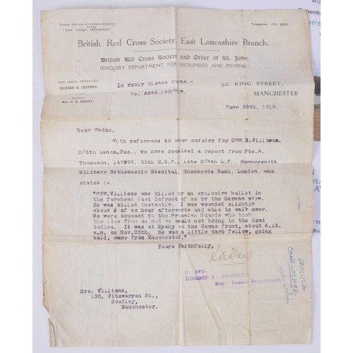25 - CSM Williams 203776 , 2/5th Lancashire Fusiliers Death Plaque, Card Envelope & Red Cross Letter ... 