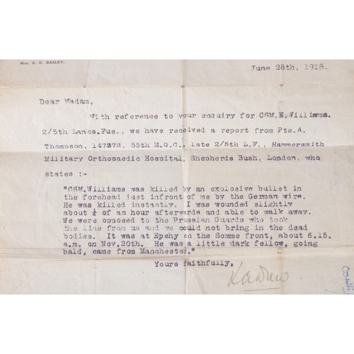 25 - CSM Williams 203776 , 2/5th Lancashire Fusiliers Death Plaque, Card Envelope & Red Cross Letter ... 