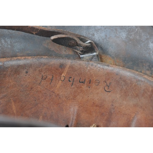 170 - WW2 German M40 Luftwaffe Camouflage Helmet Named 'Reinbold'. . A heavily worn German M40 three colou... 
