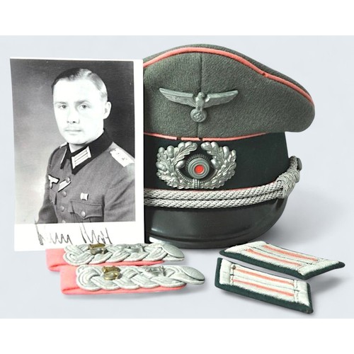 174 - Panzer Officers Peaked Cap & Insignia With Provenance. A very nice grouping reputedly from the s... 